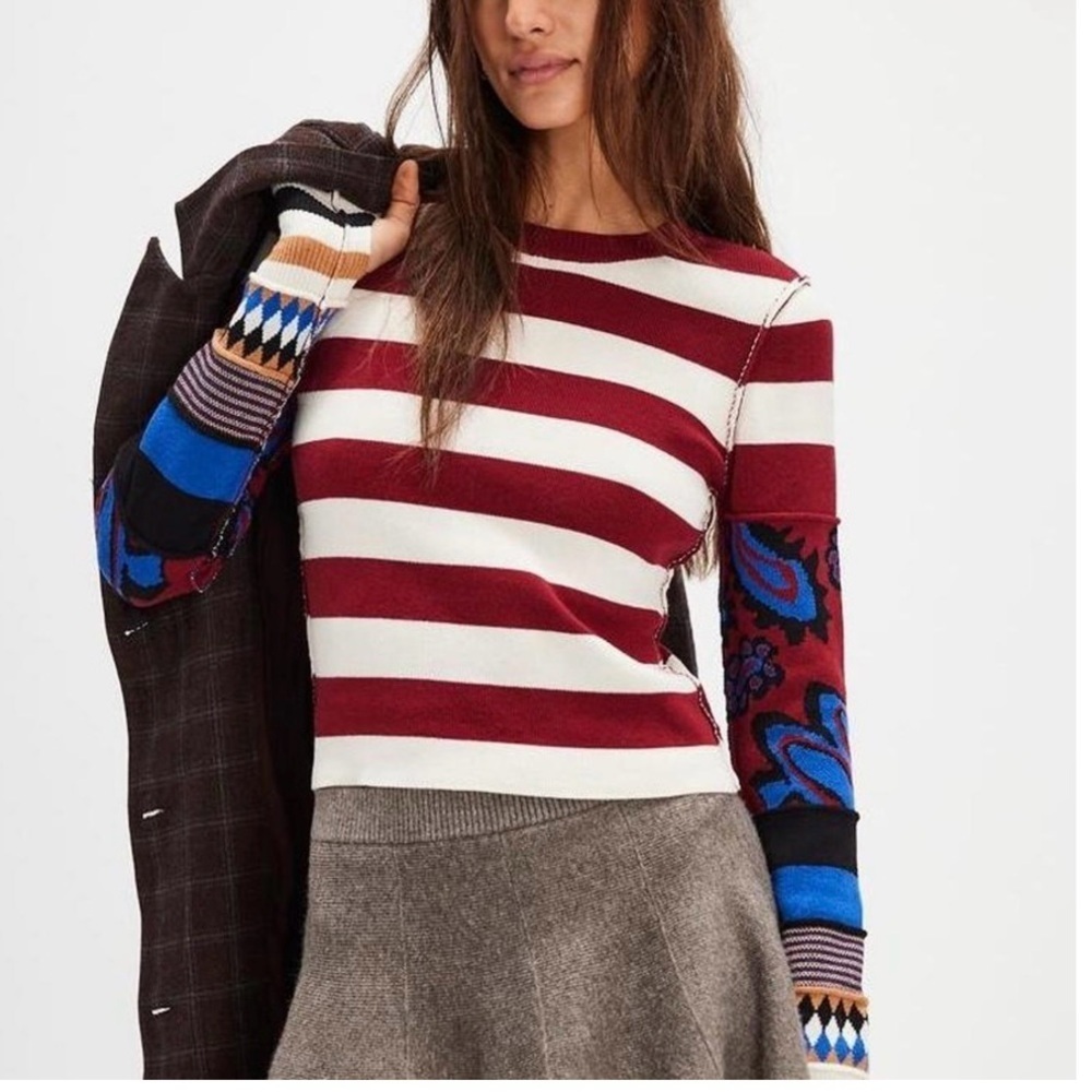 We The Free Burgundy and Cream Striped Long Sleeve Top Sz XS